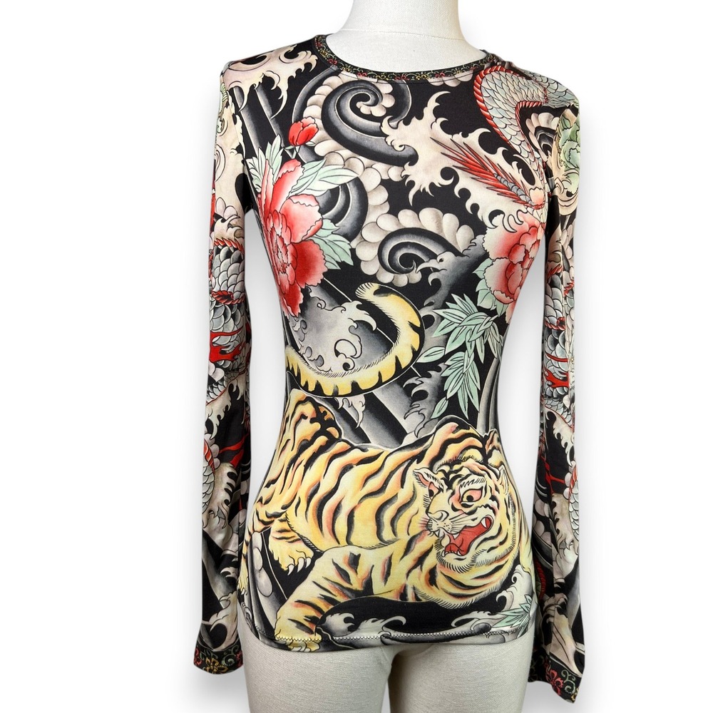 YellowMan Tattoo Flash Print Top Womens XS Tiger Dragon Deities Long Sleeve Mesh